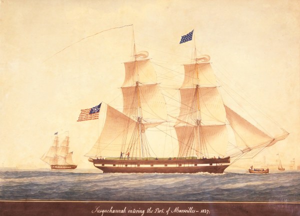 Image of sold watercolor painting of the Susquehanna sailing vessel entering the Port of Marseilles by Honore Pellegrin.