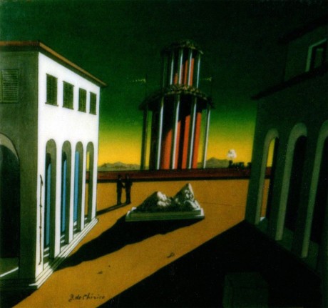 Image of sold oil painting of &quot;Piazza D'Italia&quot; by Giorgio De Chirico showing a surrealist cityscape with two figures and a train in the background.