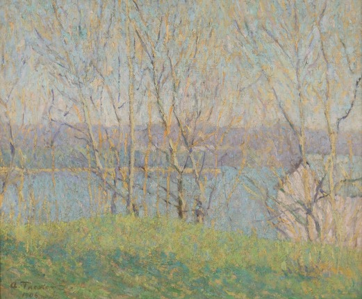 Image of sold impressionistic oil painting by Allen Tucker of a cabin by the lake in early spring.