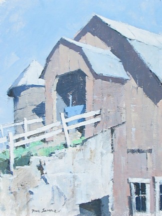 Image of a sold oil painting by Paul Sample titled "New England Barn" depicting a barn set into the lee of a hill.