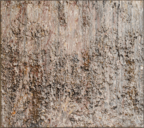 Image of abstract acrylic and foam painting by Larry Poons entitled &quot;Rum Boat&quot; which has a very 3-D surface and many colors running together.