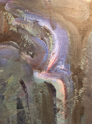 Close-up image detail of brushstrokes of Bells of San Miguel de Allende painting by Hans Burkhardt.