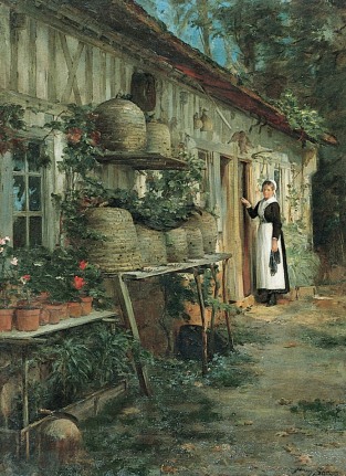 Image of Henry Bacon's 1881 oil painting of the Beekeeper's Daughter, showing a young woman in a black dress with white apron looking at several bee skeps at the side of a house.