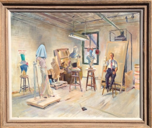 Image of wooden frame on &quot;Judgement of Paris&quot; painting by Louis Bouche.