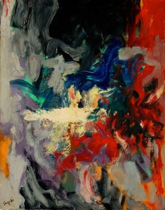 Image of sold James Hiroshi Suzuki abstract oil painting in reds, blues, grays, green and cream.
