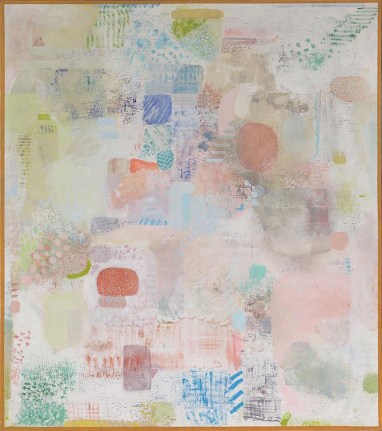 Image of Robert Natkin's first painting in his Field Mouse series, made up of pastel colors.
