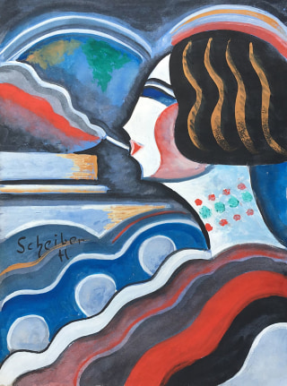 Image of untitled modernist gouache painting by Hugo Scheiber of a young woman smoking a cigarette.