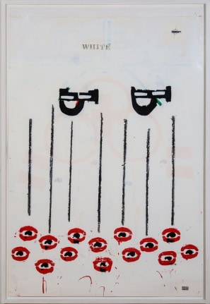 Image of mixed media abstract painting by Glenn Goldberg entitled &quot;O.P.88&quot; with black and red on a white background.