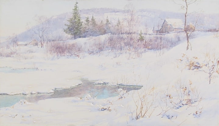 Image of sold gouache and watercolor by Walter Launt Palmer titled Snow and Open Waters showing a snow-covered landscape.