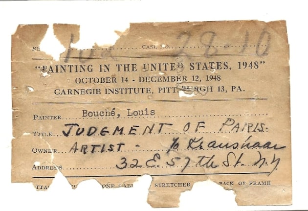 Carnegie label verso fragment on &quot;Judgement of Paris&quot; painting by Louis Bouche.