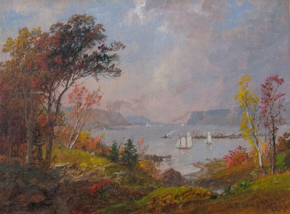 Image of Jasper Cropsey's sold oil painting showing the Hudson River from Hastings, New York in the fall.