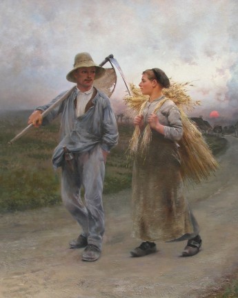 Image of sold August Hagborg oil painting titled The Peasants' Return, showing a man with a sickle and woman with a sheaf of straw walking on a dirt road.