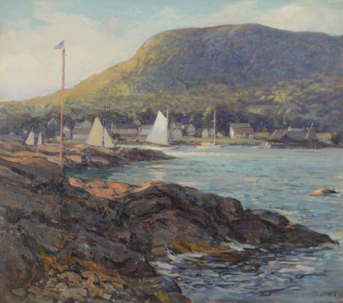 Image of oil painting by Wilson Irvine of the harbor at Camden, Maine.