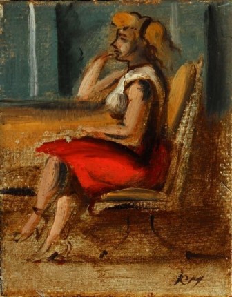Image of a sold oil painting of seated girl in a red skirt by Reginald Marsh.