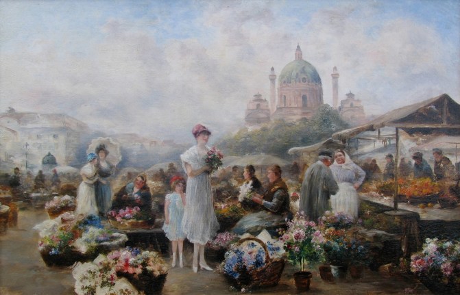 Image of Emil Barbarini impressionist oil painting of a Vienna Flower Market with buyers and sellers, and a church in the background.