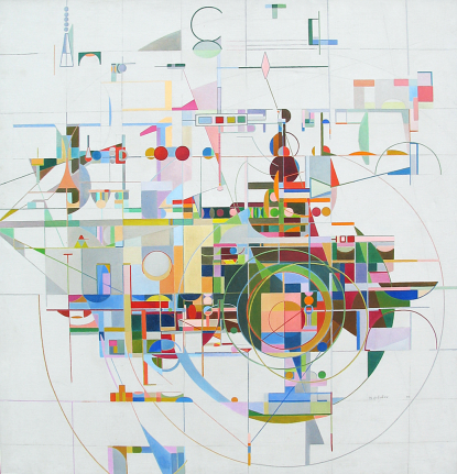 Image of sold untitled abstraction by Maurice Golubov with multiple colors on a white background.