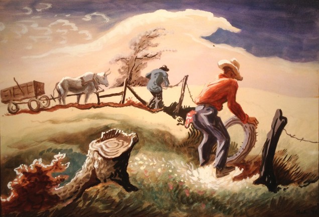 Image of Thomas Hart Benton's sold 1946 watercolor &quot;Mending the Fence&quot; showing two men fixing a barbed wire fence on a barren hillside with an oxcart on the left side.