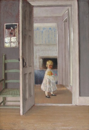Image of &quot;Girl with Doll&quot; painting by artist William Wallace Gilchrist showing a young girl holding a doll as seen through an interior doorway in a house.