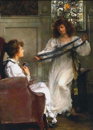 Image of sold painting by Laura Alma-Tadema entitled &quot;Wool Winders&quot; showing two women in white dresses winding a ball of yarn.
