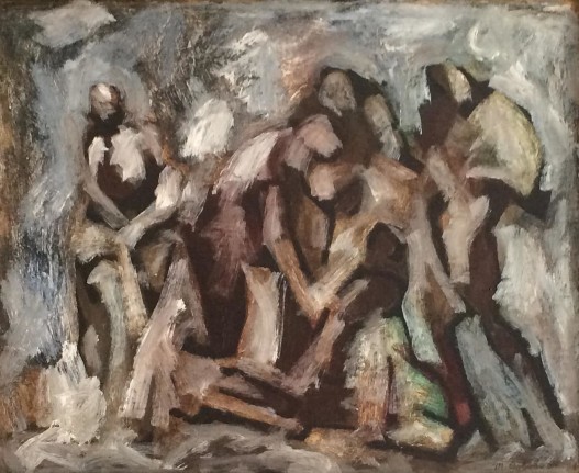 Image of "Rescue" oil painting by artist Maurice Golubov showing abstract figures depicted in browns, creams and gray huddled together.