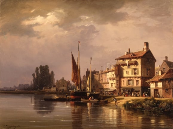 Image of sold oil painting of street and canal scene in Hungary by Charles Kuwasseg.
