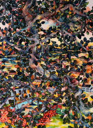 Image of Emily Sartor's sold painting titled &quot;Paradise Estates&quot;, showing a lush tree with a dystopian landscape beyond.