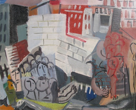 Image of casein tempera abstract painting by Vaclav Vytlacil of a city scene with faces and buildings.