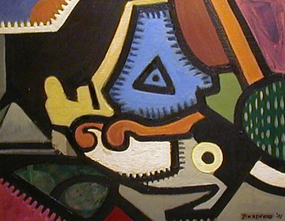 Image of sold oil by Francis Scott Bradford featuring abstract shapes in various primary and secondary colors, many of which are outlined in black.