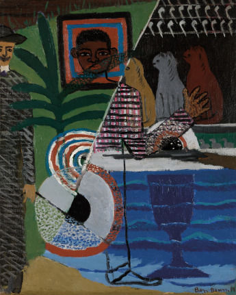 Image of Ben Benn's sold oil painting &quot;Coney Island&quot; showing abstraction of figures on the right and left with a painting of a black man handing on a green wall behind a dark green plant.