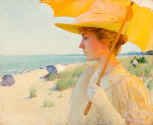 Image of Charles Courtney Curran's sold oil painting &quot;On the Shore of Lake Erie&quot; showing an elegant young woman in a white dress, wearing gloves and a yellow hat holding an umbrella at the beach.