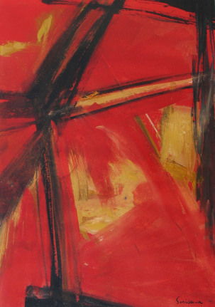 Image of untitled red, black and yellow oil abstract painting by Sueo Serisawa.