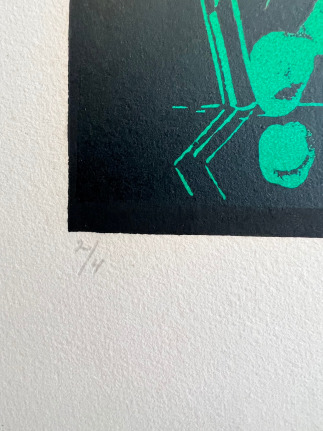 Image of edition on untitled 1974 abstract lithograph by Hans Burkhardt in greens, red and black.