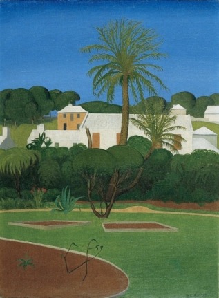 An image of George Copeland Ault's sold oil painting entitled &quot;Burmuda Park&quot; showing greenery and a palm tree with buildings in the background and a rich blue sky.