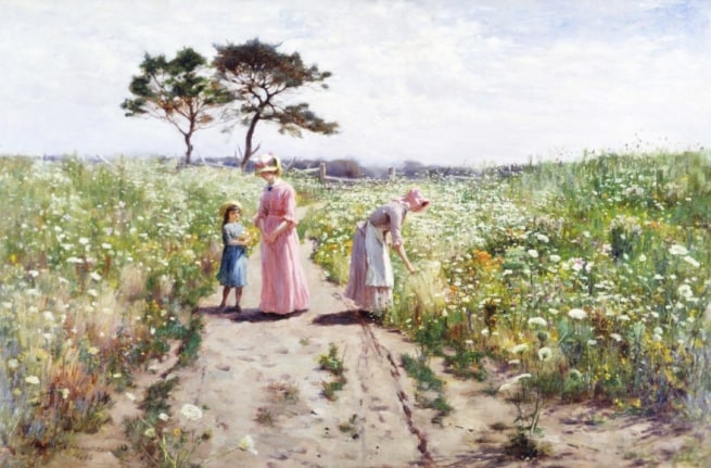 Image of sold oil painting by Hamilton Hamilton showing two women and a young girl picking flowers in a field.