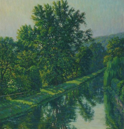 Image of sold oil painting showing a verdant path along the New Hope Canal by Stanfield G. Phillips.