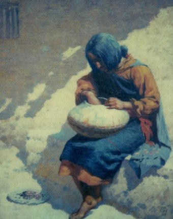 Image of sold oil painting of Native American girl sorting items in a bowl in her lap by artist William Leigh.