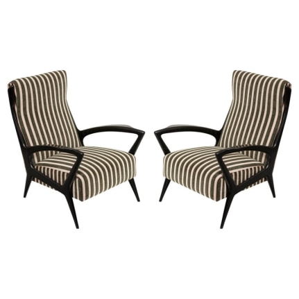Mid-Century Black Lacquered &amp; Upholstered Lounge Chairs