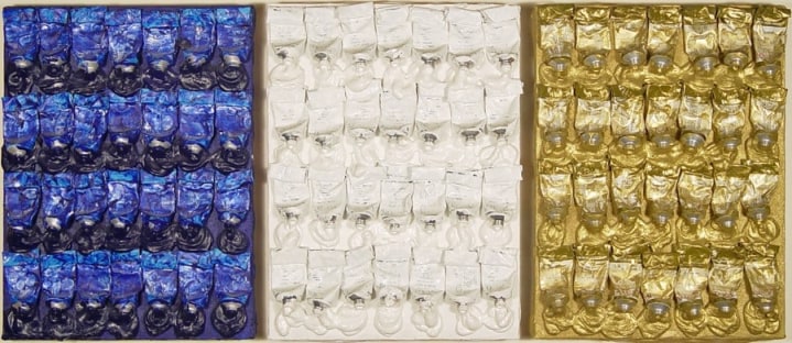Arman (1928 - 2005) Monochrome Accumulations - Blue, White &amp; Gold (triptych) circa 1986 Acrylic Paint Tubes on Canvas H 16&quot; x W 12&quot; (each); H 20.5&quot; x W 41.5&quot; (framed) Each Signed &quot;Arman&quot; Verso Price Upon Request