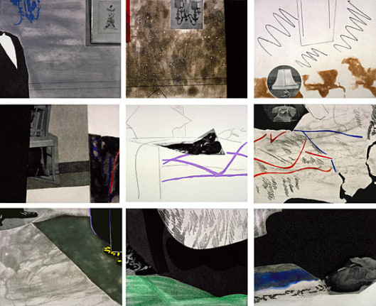 The 9 color etching prints assembled, revealing the individual prints as being pieces of a larger image mimicking the black and white photograph.