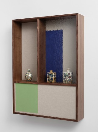 Artwork: Kamrooz Aram Domestic Composition (biruni/andaruni), 2022 walnut veneered MDF, glass, oil and pencil on linen with ceramic objects 48 x 36 x 8 inches (121.9 x 91.4 x 20.3 cm) (KA22-02)