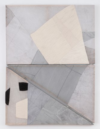 Martha Tuttle, "Like the way galaxies recede to the rim of space", 2019, wool, linen, graphite, pigment, quartz, 63 x 46 x 2 inches (160 x 117 x 5 cm).