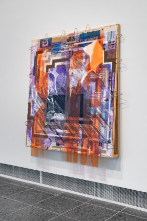 Tomashi Jackson Love Rollercoaster (2016 Butler County Line) (1965 John Lewis Accepts Voting Rights Act Signing Pen from LBJ) [side view], 2020 Acrylic, Pentelic marble, Ohio Underground Railroad site soil, American electoral ephemera, and paper bags on canvas and fabric 88 1/8 x 81 x 8 inches