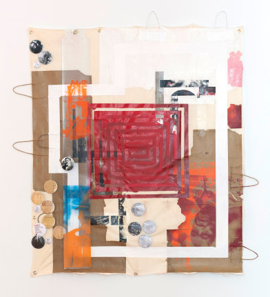 Tomashi Jackson, "Redefined Redline (Seneca Village, Arturo Schomburg, Mr. Dorce) (Requiem for my Adams Blvd.)", 2019, acrylic, oil, image transfer, buttons on paper and muslin with digital prints on vinyl, 58 x 54 inches (147 x 137 cm).