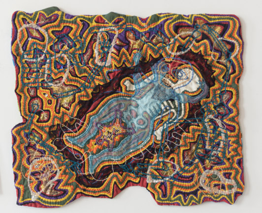 Joyce Scott, "Happy Holocaust IV", 1986, fabric, embroidery, thread, beads, 15 1/2 x 18 3/4 inches (39 x 48 cm)