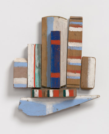 This is an image of a painted wood assemblage made by Betty Parsons in 1982 titled: Sailing Through the Sound.