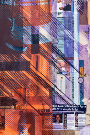 Tomashi Jackson Love Rollercoaster (2016 Butler County Line) (1965 John Lewis Accepts Voting Rights Act Signing Pen from LBJ) [detail view], 2020, Acrylic, Pentelic marble, Ohio Underground Railroad site soil, American electoral ephemera, and paper bags on canvas and fabric, 88 1/8 x 81 x 8 inches