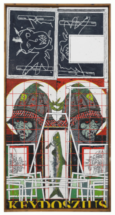 Zachary Armstrong "Split Figure with Fish small found frame", 2018 Encaustic and oil on linen 61 x 31 inches