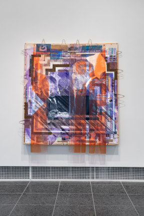 Tomashi Jackson, "Love Rollercoaster (2016 Butler County Line) (1965 John Lewis Accepts Voting Rights Act Signing Pen from LBJ)", 2020, Acrylic, Pentelic marble, Ohio Underground Railroad site soil, American electoral ephemera, and paper bags on canvas and fabric, 88 1/8 x 81 x 8 inches
