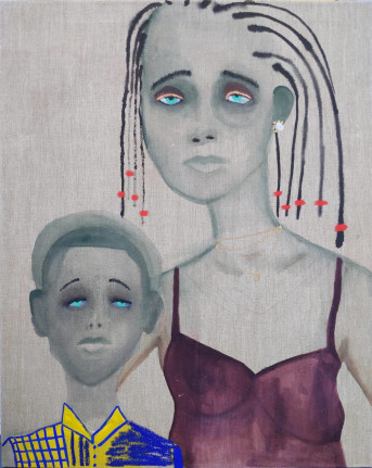 February James, "We All Have Choices", 2020, oil, oil pastel, watercolor and acrylic on linen, 40 inches by 32 inches.