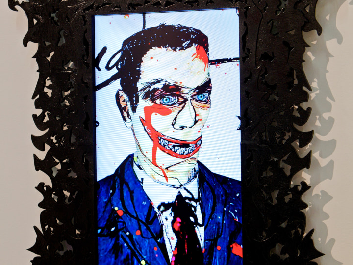 FEDERICO SOLMI Dick Richman, Portrait of a Scam Artist 2011, video-animation with artist-designed frame and LCD panel, 45 x 30 inches